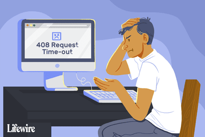 Illustratie van een gefrustreerde persoon die op een computer naar een 408 Request Time-out kijkt