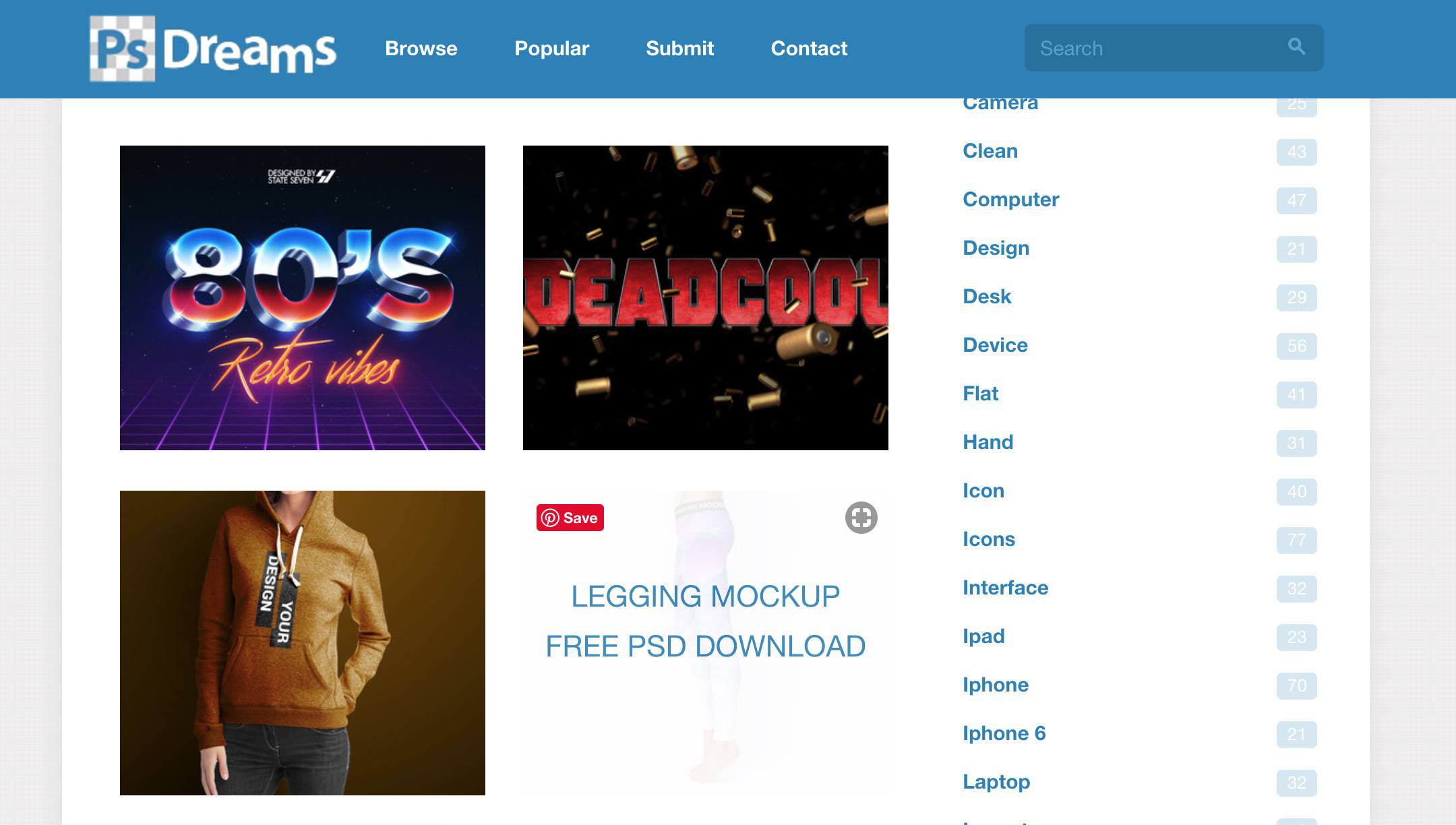 PsDreams-webpagina met 80s Retro-vibes, Deadcool en Legging-mockup gratis PSD-download