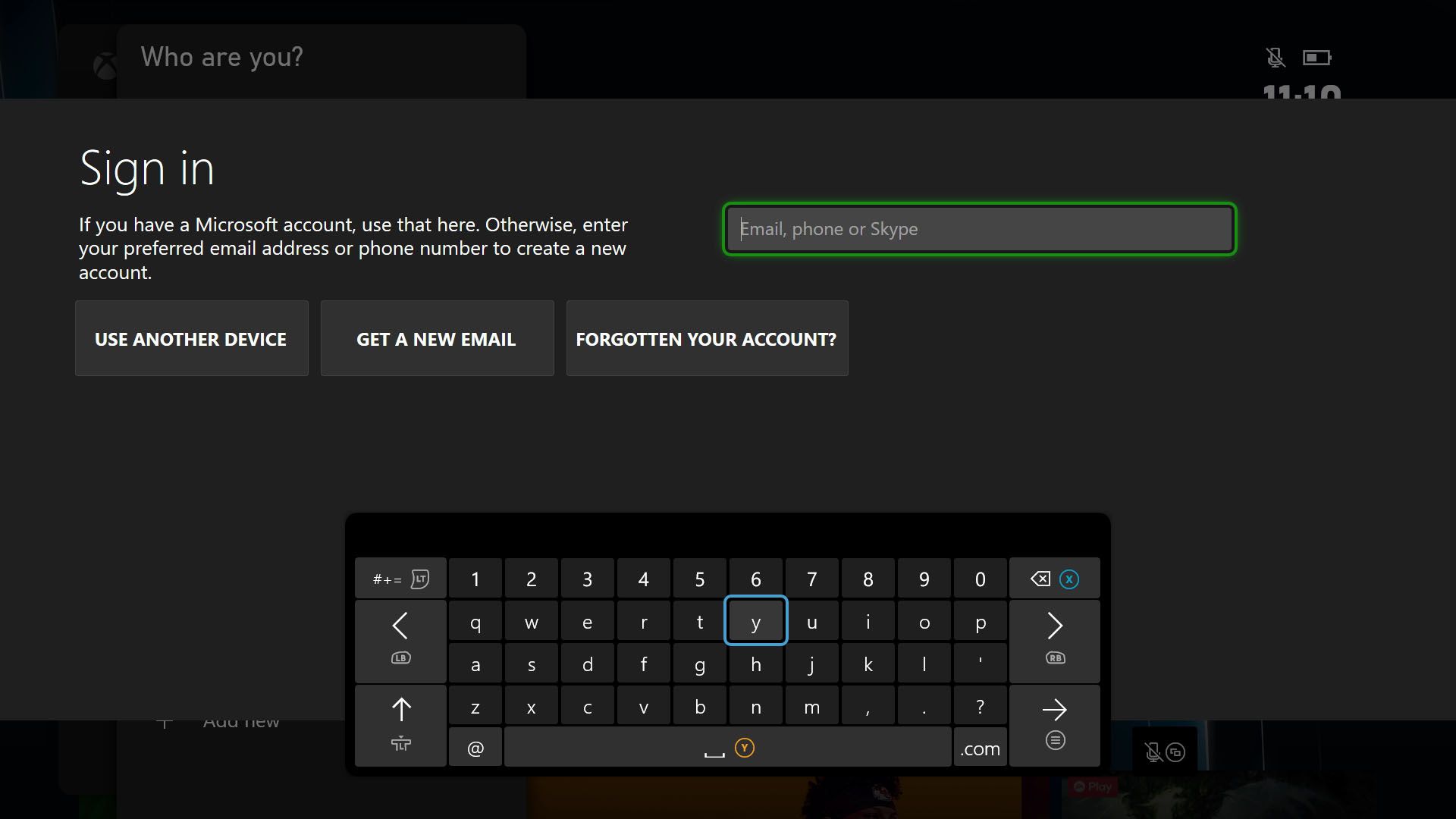 Xbox Series X/S-dashboard met aanmeldingsproces voor het toevoegen van een nieuwe gebruiker gemarkeerd