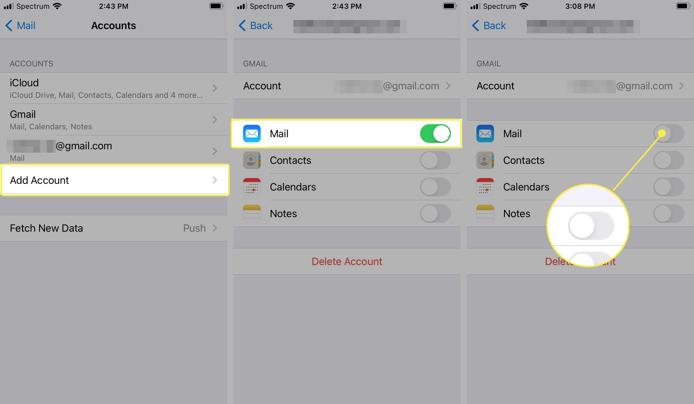 Wachtwoorden en accounts, Gmail, e-mail schakelen naar UIT in iOS-instellingen