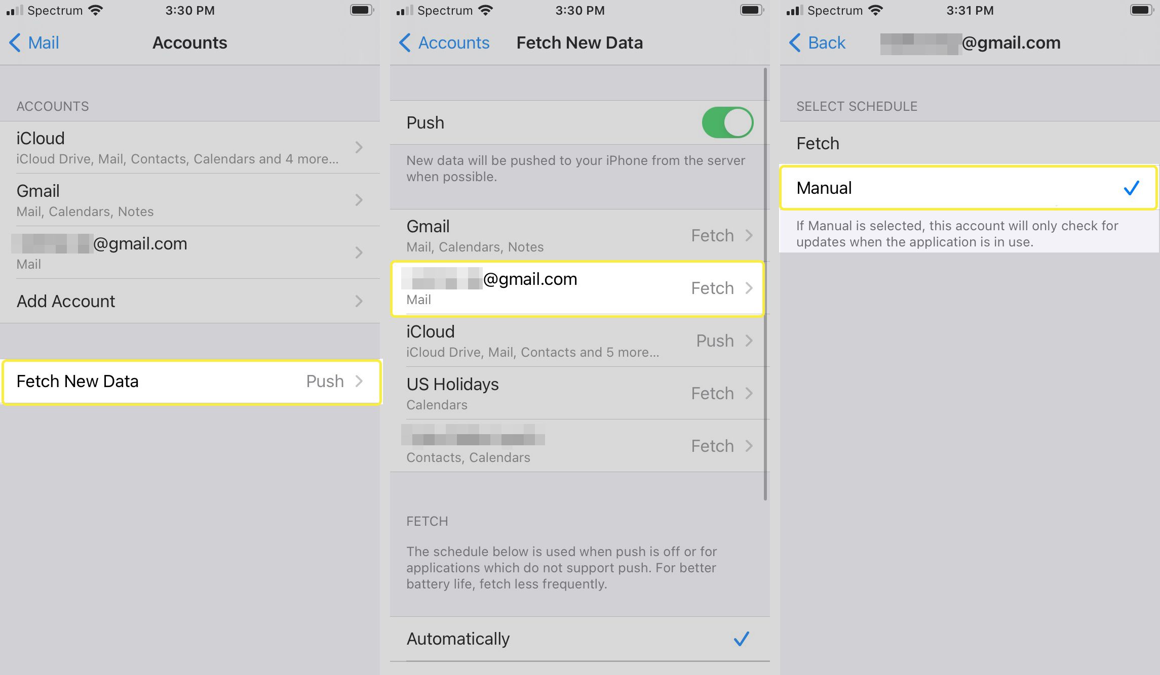 Wachtwoorden en accounts, nieuwe gegevens ophalen, handmatig knoppen in iOS-instellingen