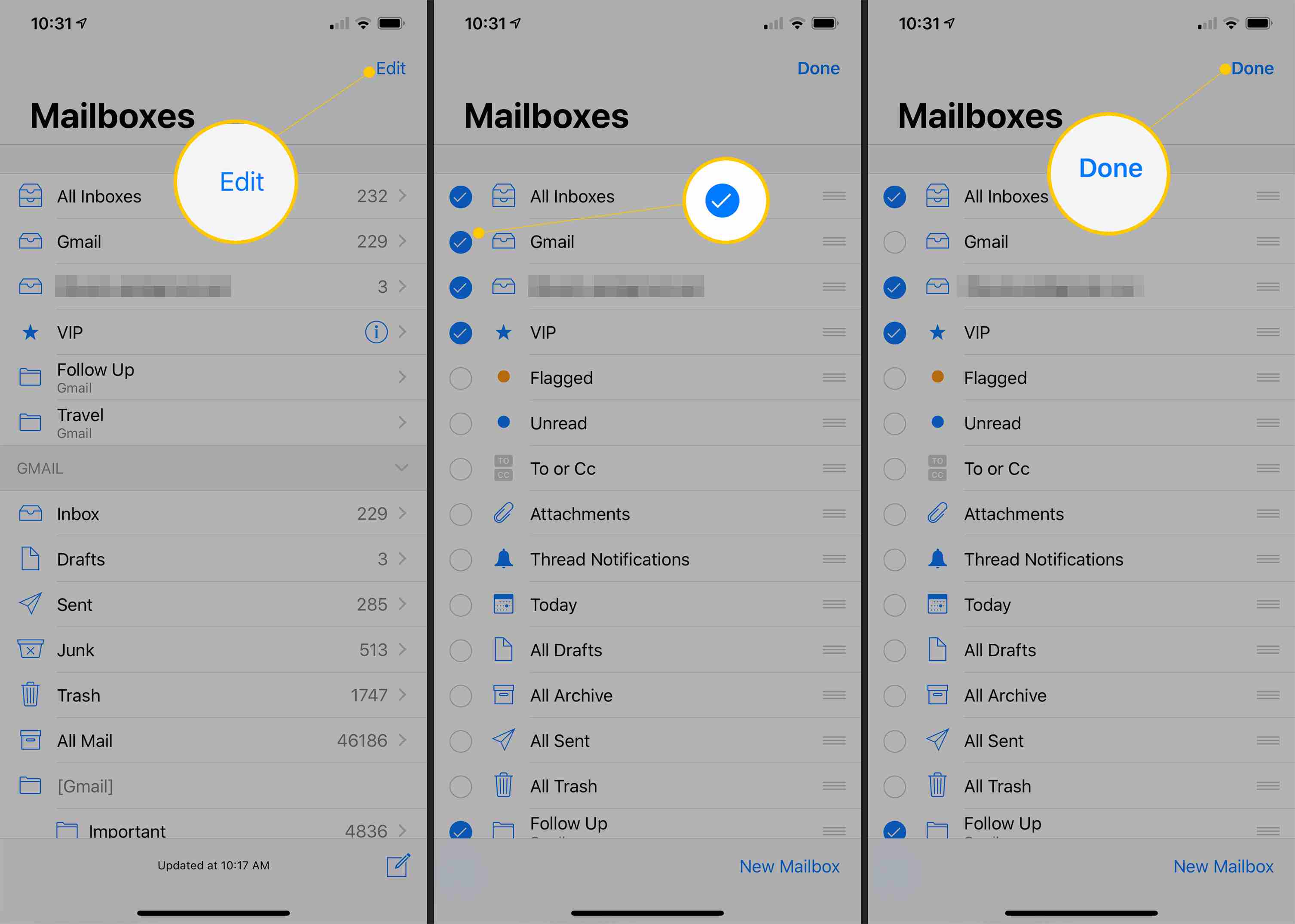 Knop Bewerken, Selectievakje en Gereed in het scherm iOS-postvakken