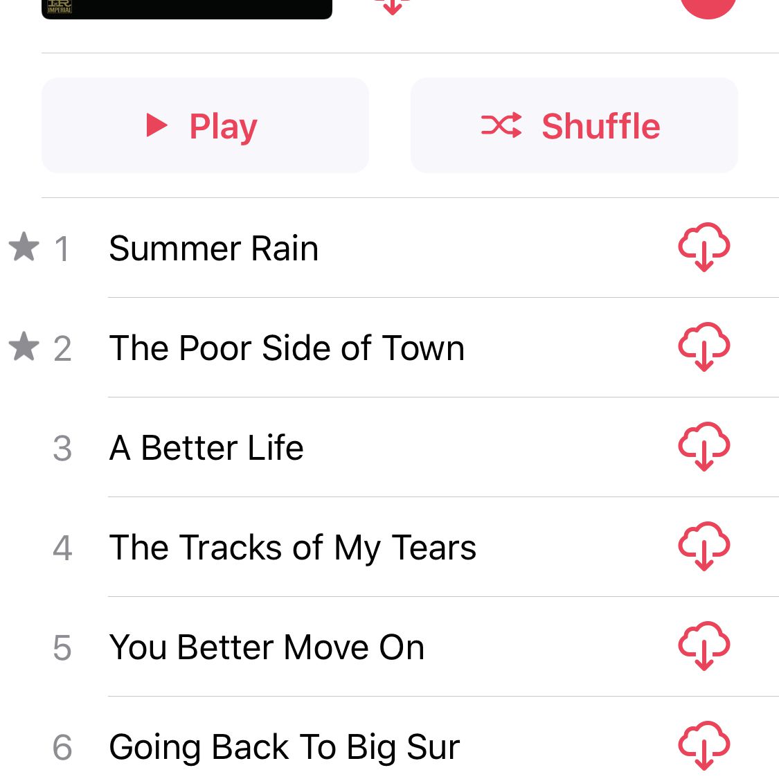 De albumweergave in Apple Music, wanneer nummers niet worden gedownload