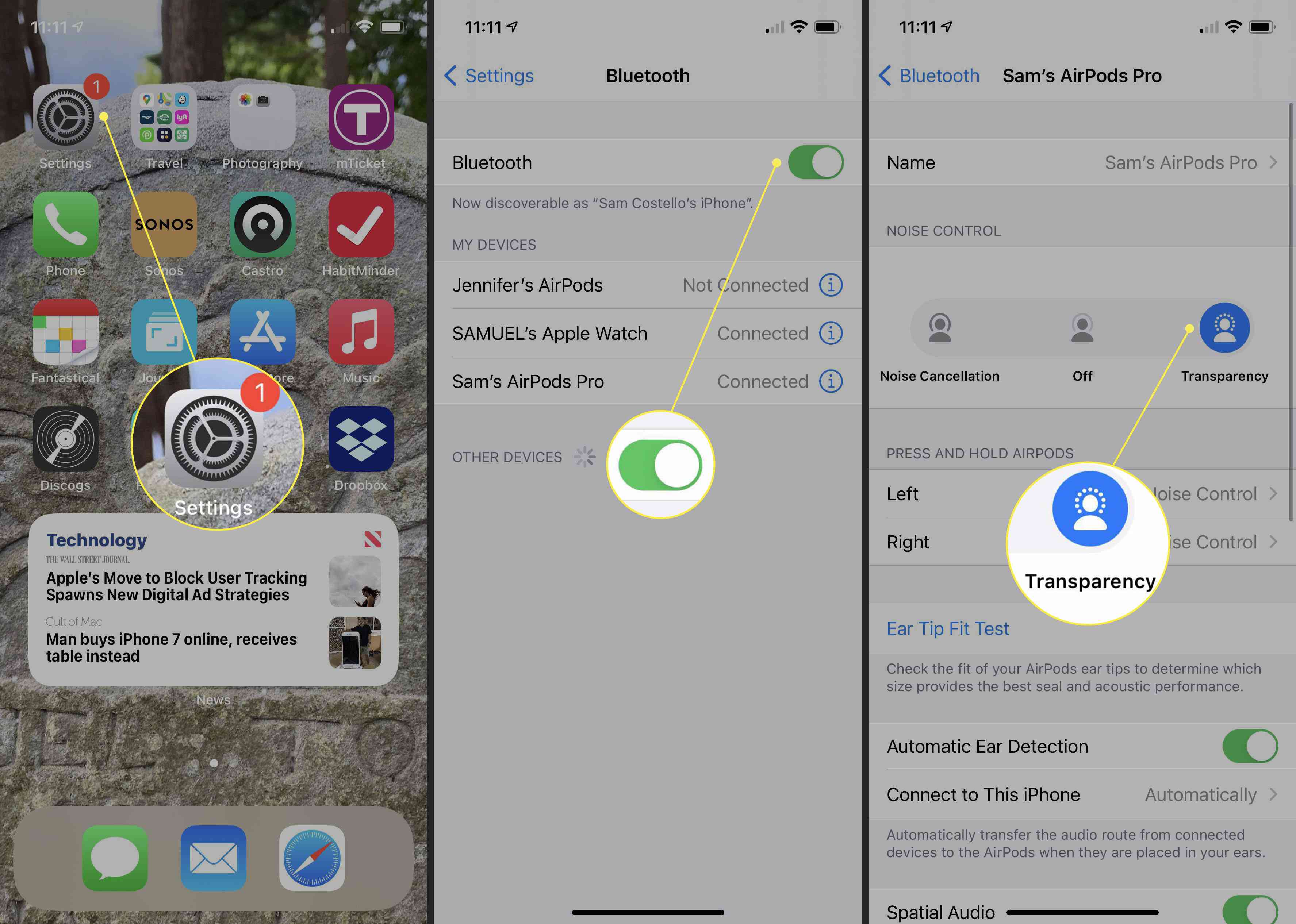 Stappen om de transparantiemodus op AirPods in te schakelen via de Bluetooth-instellingen op een iPhone.