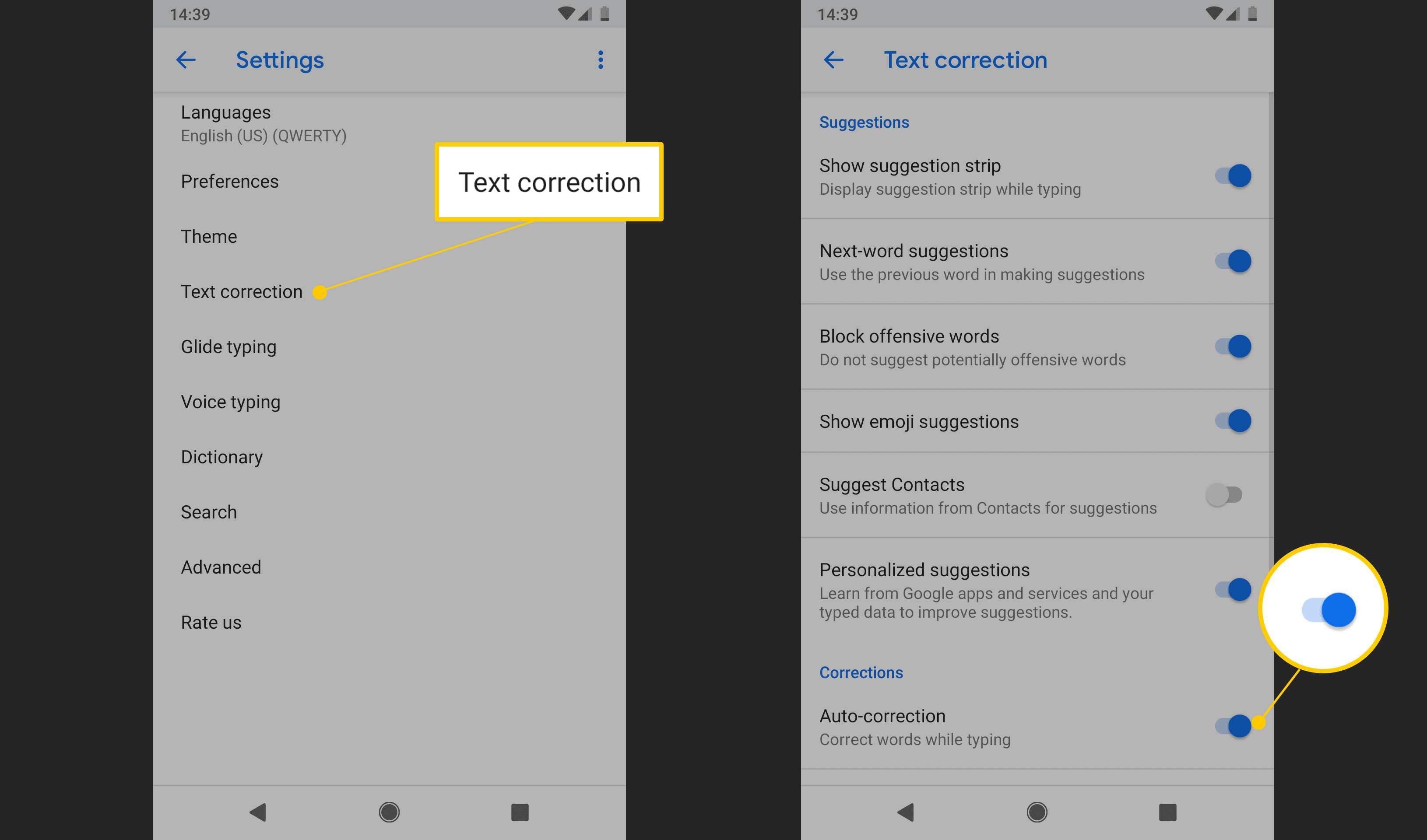 Tekstcorrectie, Auto-correctie schakelen in Android-instellingen