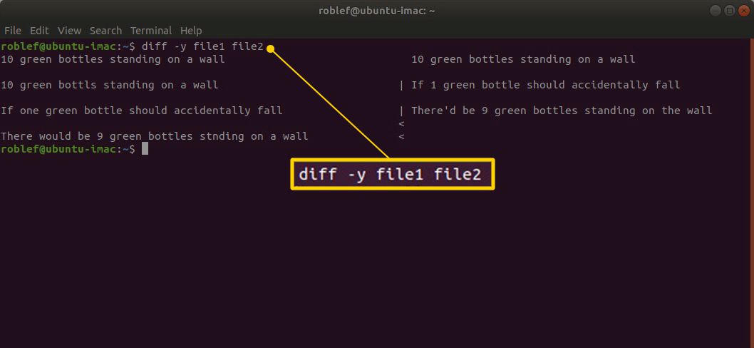 Terminalcommando "diff -y file1 file2" in Linux