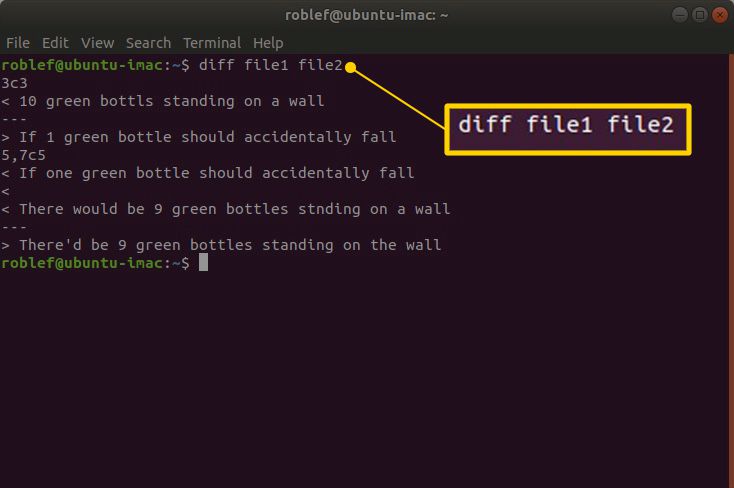 Terminalcommando "diff file1 file2" in Linux