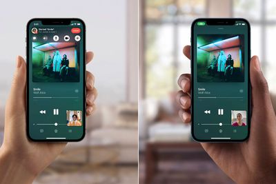 Twi iPhones die SharePlay gebruiken om naar een nummer te luisteren tijdens een FaceTime-gesprek