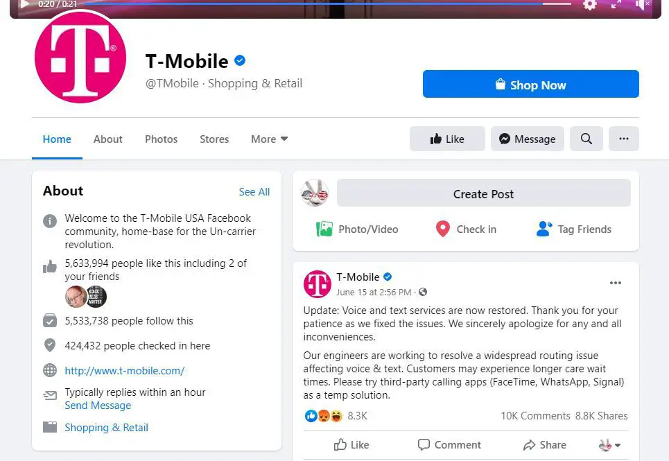 Facebookpagina van T-Mobile.