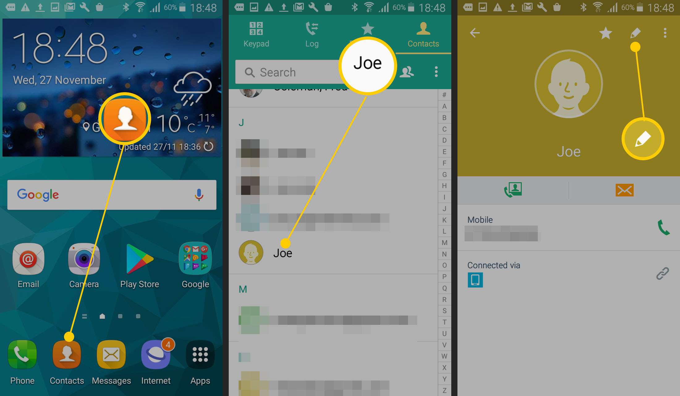 Schermafbeeldingen die laten zien hoe u een contact op Android kunt vinden en bewerken