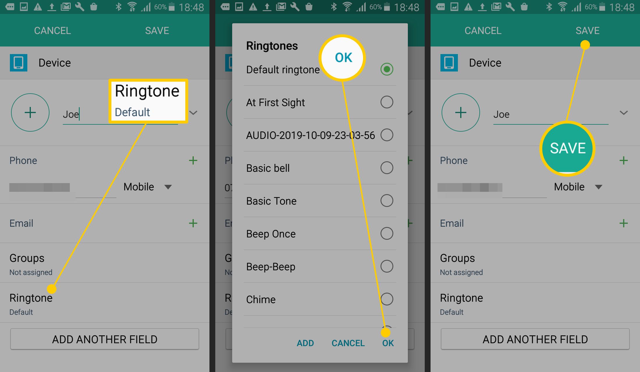 Schermafbeeldingen die laten zien hoe u de beltoon voor een contact op Android kunt wijzigen