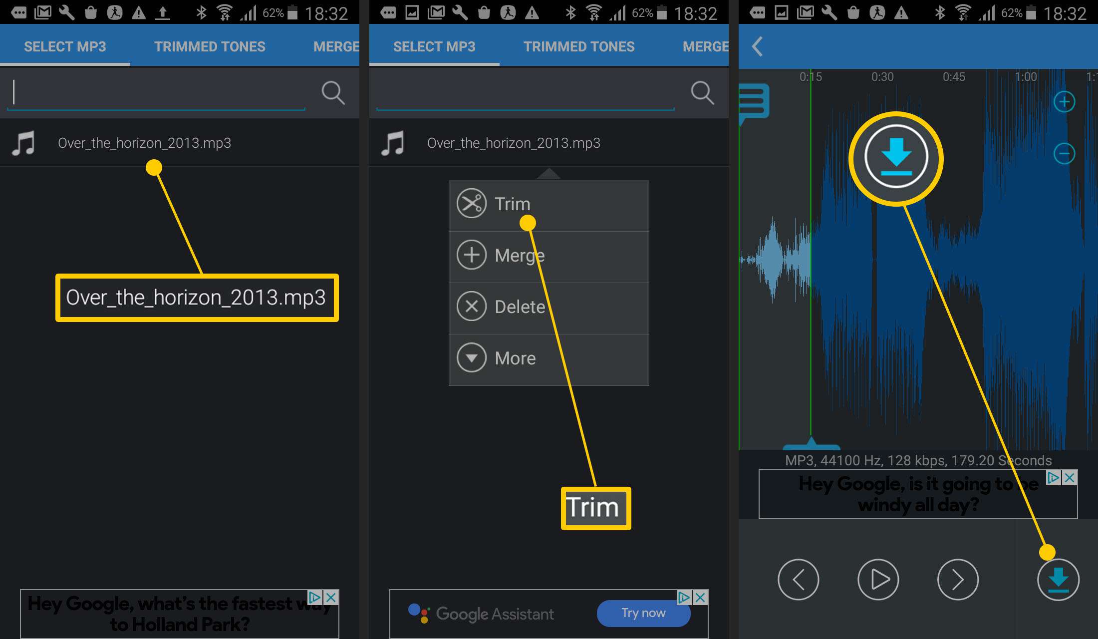 Schermafbeeldingen van hoe RingDroid te gebruiken om een ​​audioclip op Android in te korten