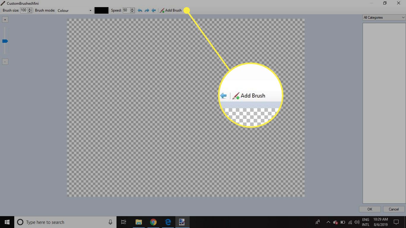 Een screenshot van het CustomBrushMini-scherm in Paint.NET met de knop Penseel toevoegen gemarkeerd