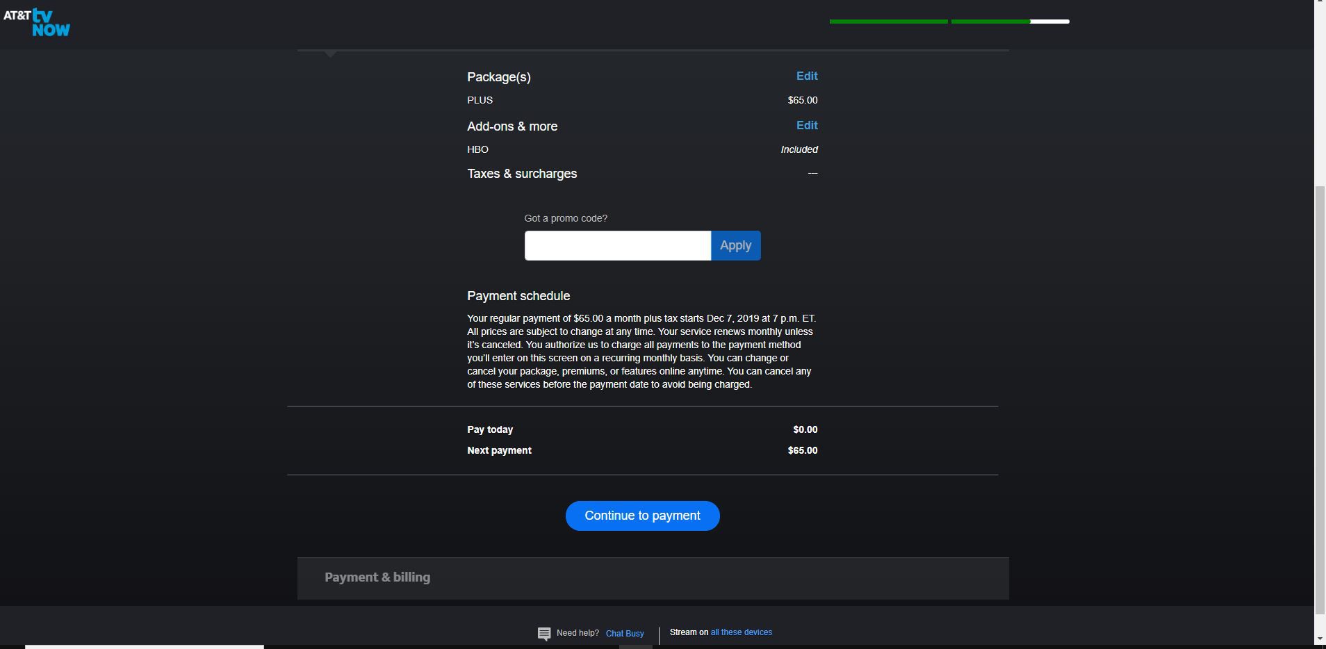 Screenshot van de knop Doorgaan naar betalen in het aanmeldingsproces van AT&T TV Now