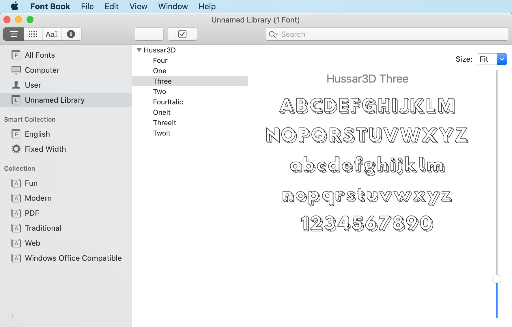Een lettertype geselecteerd in Lettertypeboek met een voorbeeld