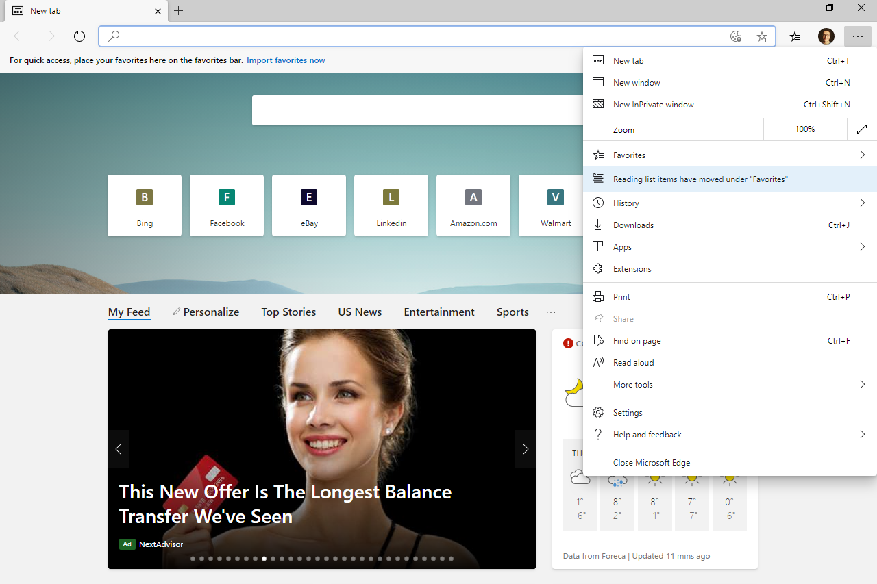 Instellingenknop in Microsoft Edge