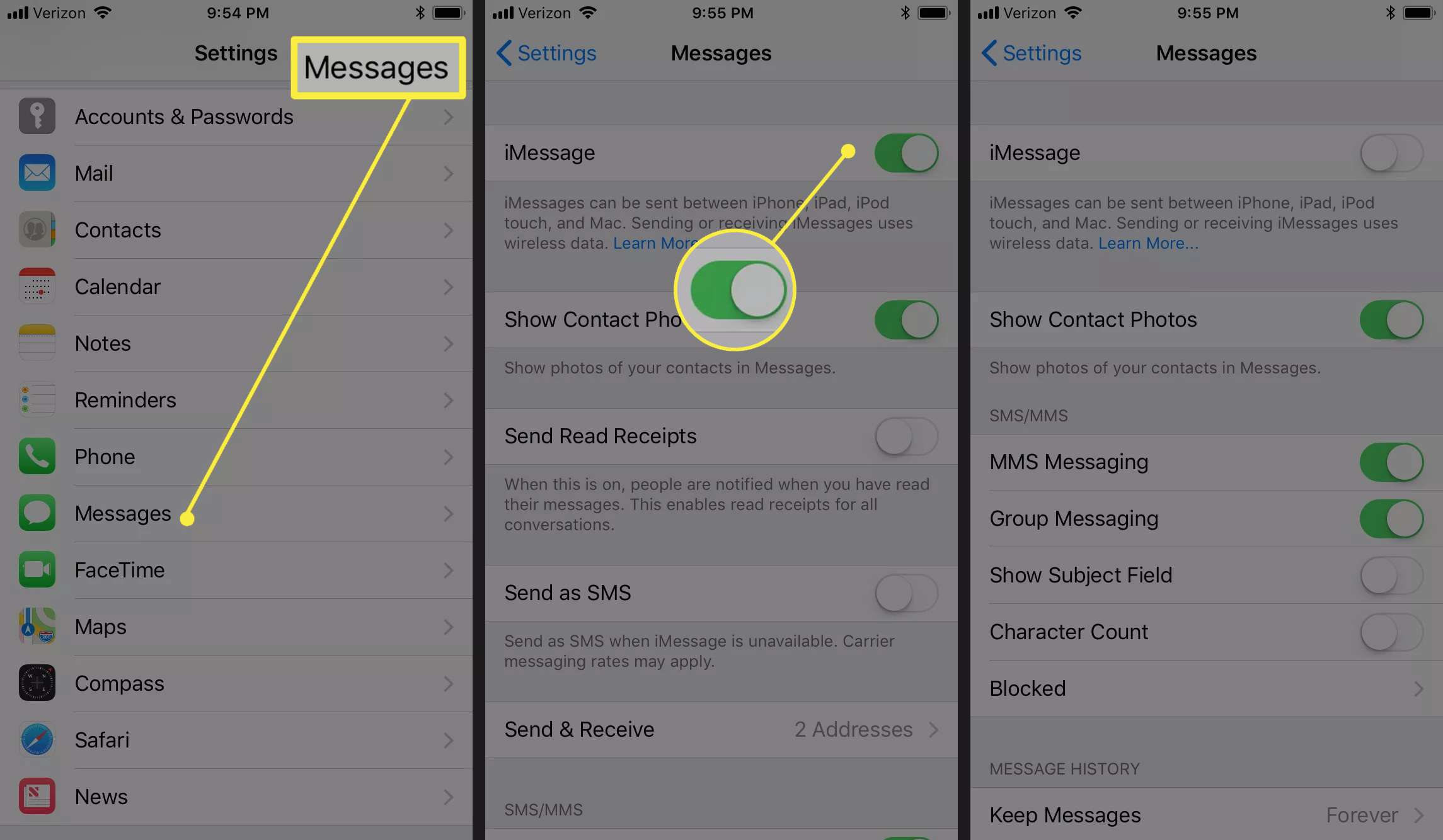 Een iOS-gebruiker schakelt iMessage uit in de instellingen