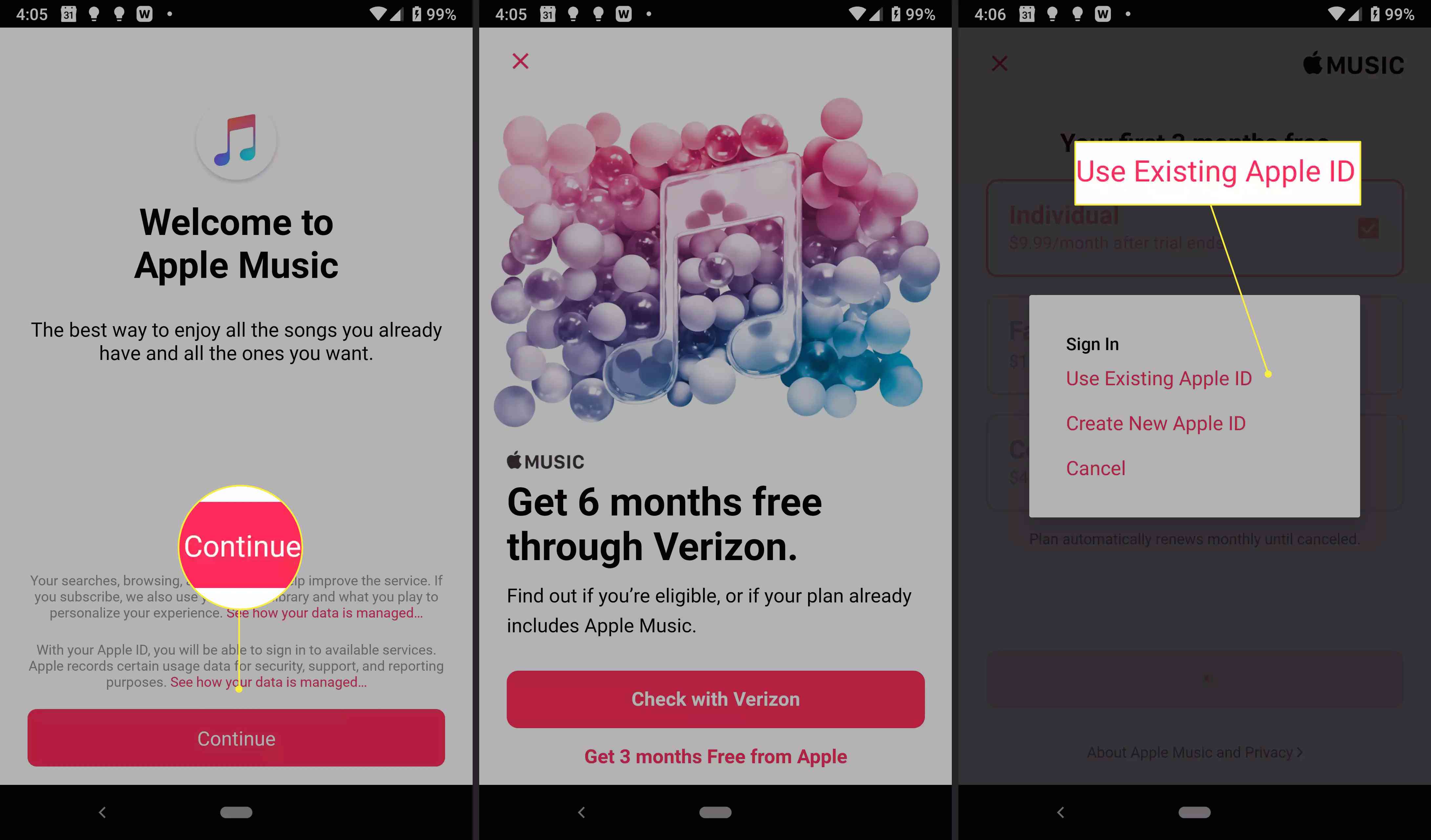 Een persoon meldt zich aan voor Apple Music met een bestaande Apple ID