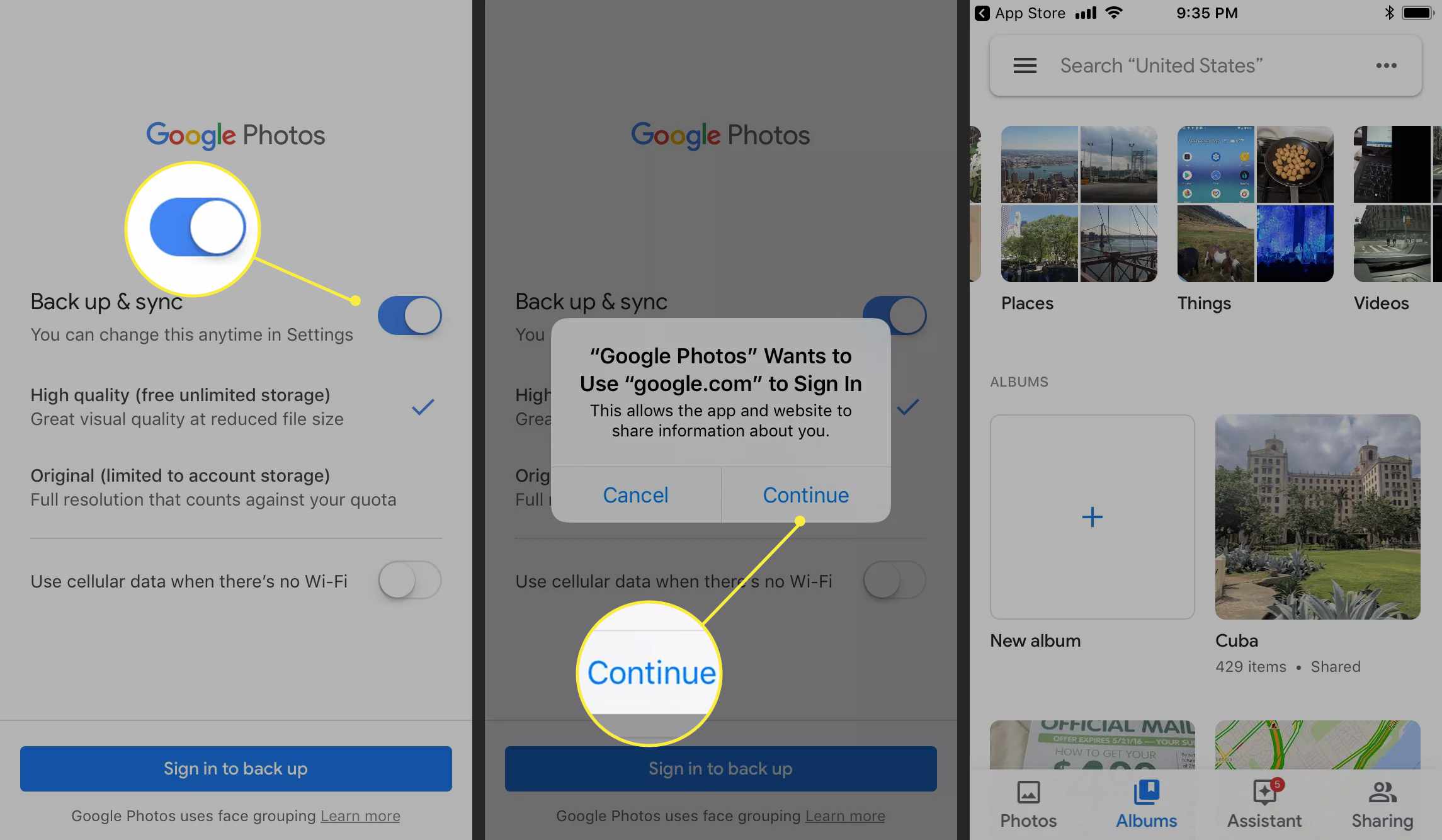 Een Android-gebruiker schakelt back-up en synchronisatie in voor Google Foto's