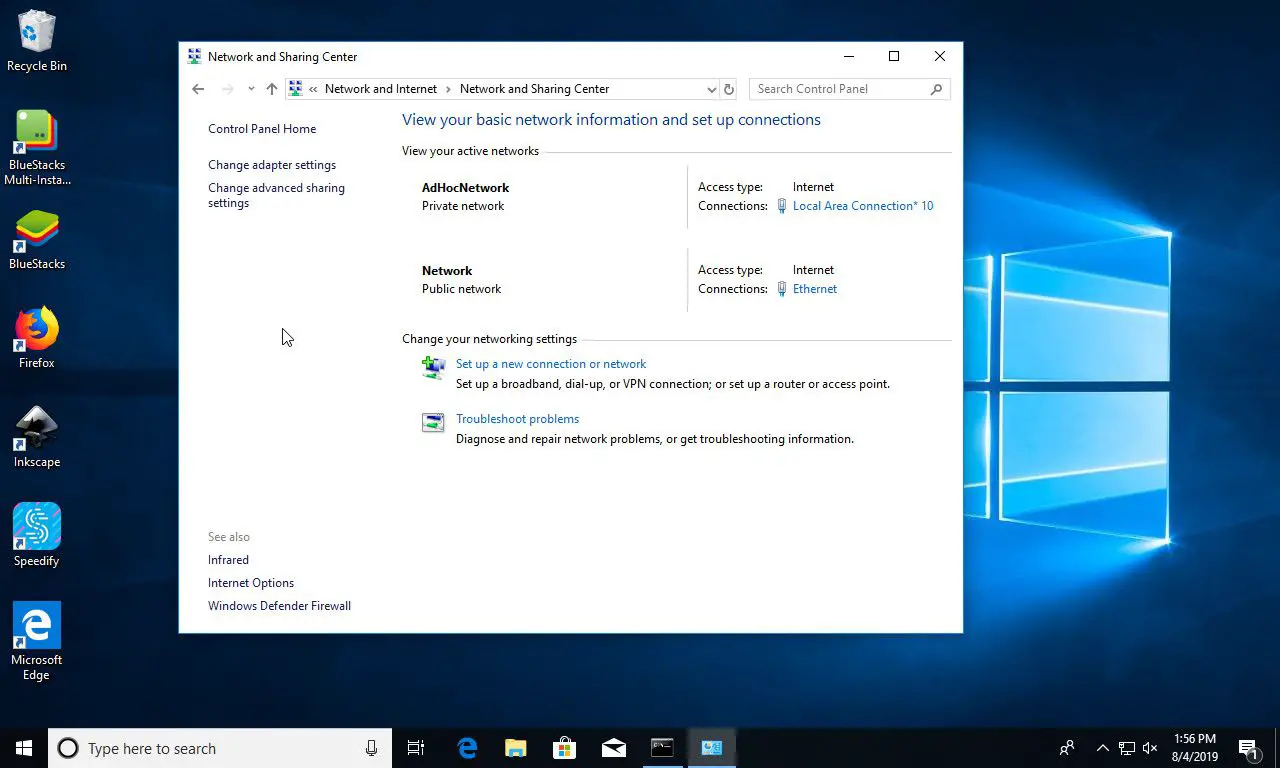 Windows 10 netwerkdeelcentrum met ad hoc