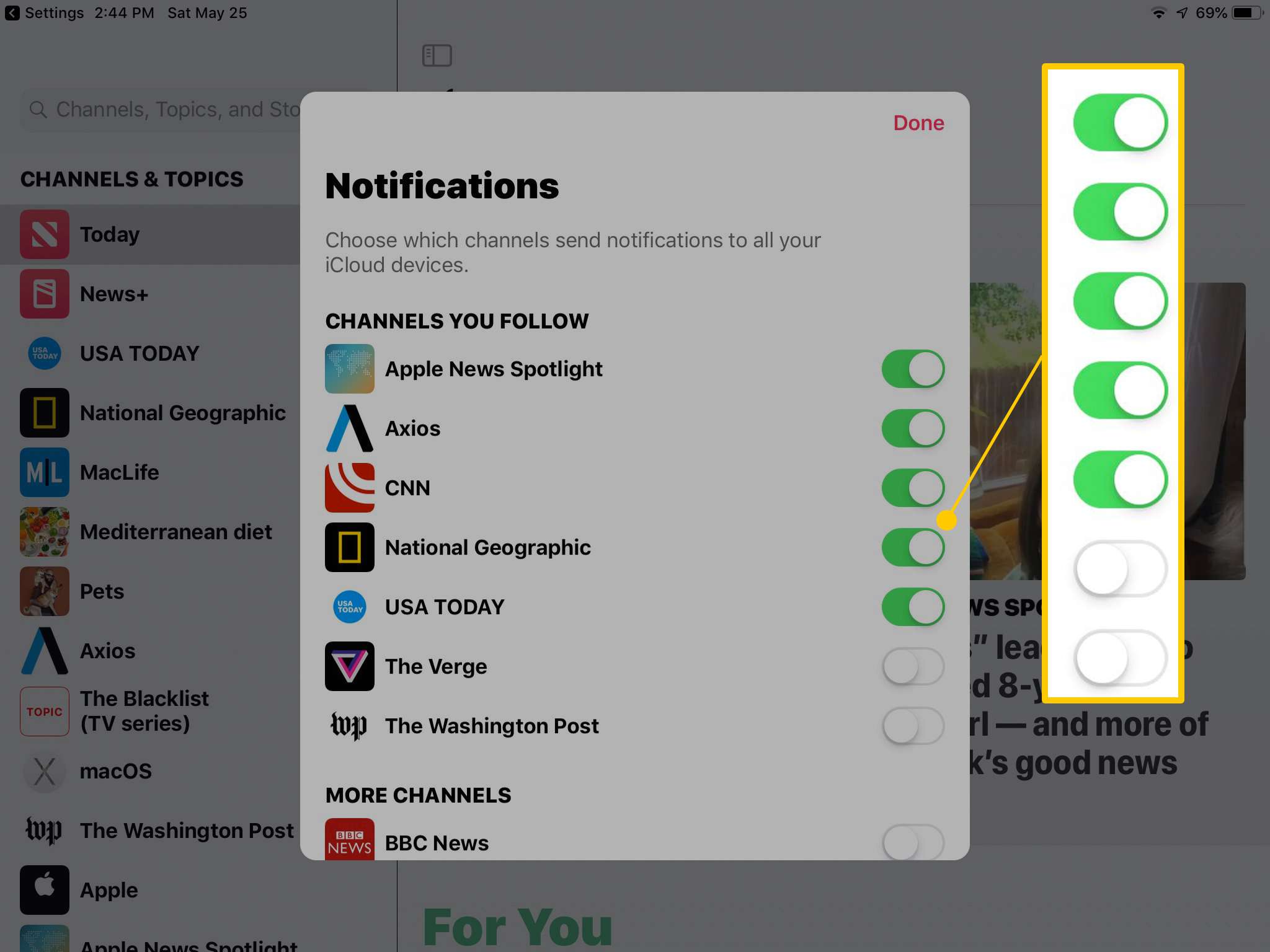 Nieuwsmelding schakelt in iOS-instellingen op iPad