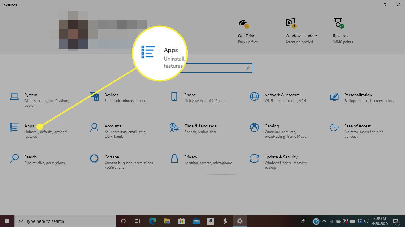 Windows 10-instellingen met het gedeelte Apps gemarkeerd