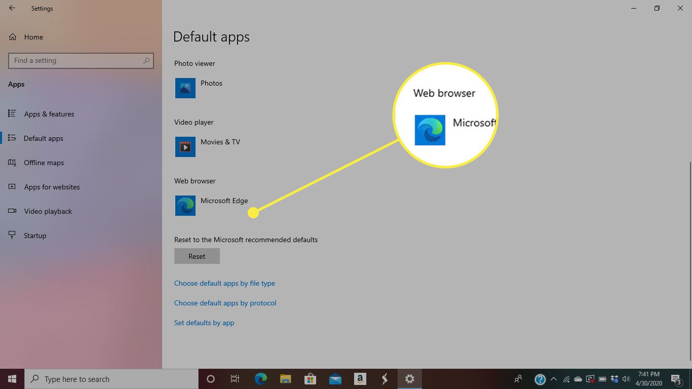 Standaard-apps in Windows 10 met de kop van de webbrowser gemarkeerd