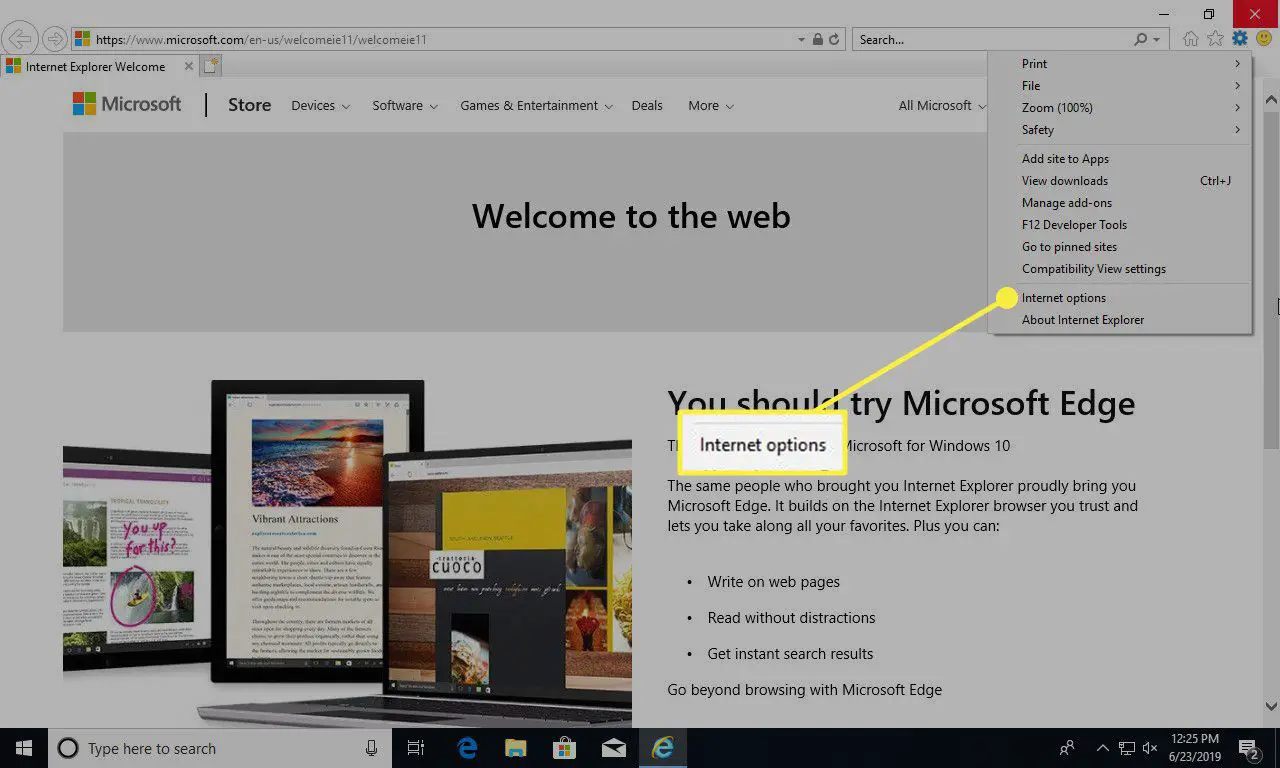 Een screenshot van het instellingenmenu van Internet Explorer met Internet-opties gemarkeerd