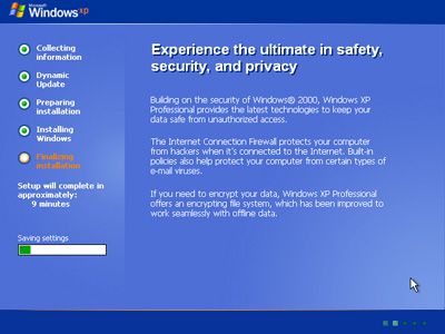 Screenshot van de installatie van Windows XP De installatie voltooien