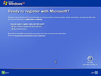 Screenshot van het Ready to Register with Microsoft Wizard-scherm tijdens de installatie