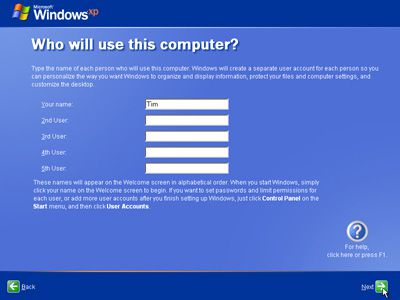 Schermafbeelding van de Wie zal deze computer gebruiken?  Wizard Scherm tijdens installatie van Windows XP XP