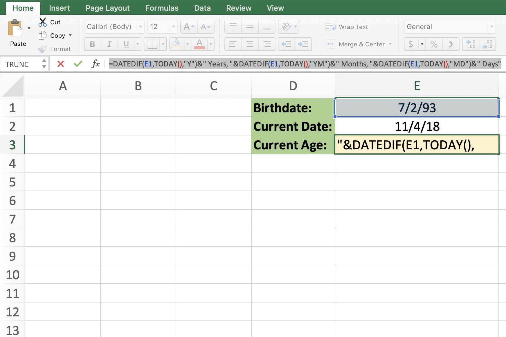 Screenshot van Excel met de functie DATEDIF die wordt ingevoerd