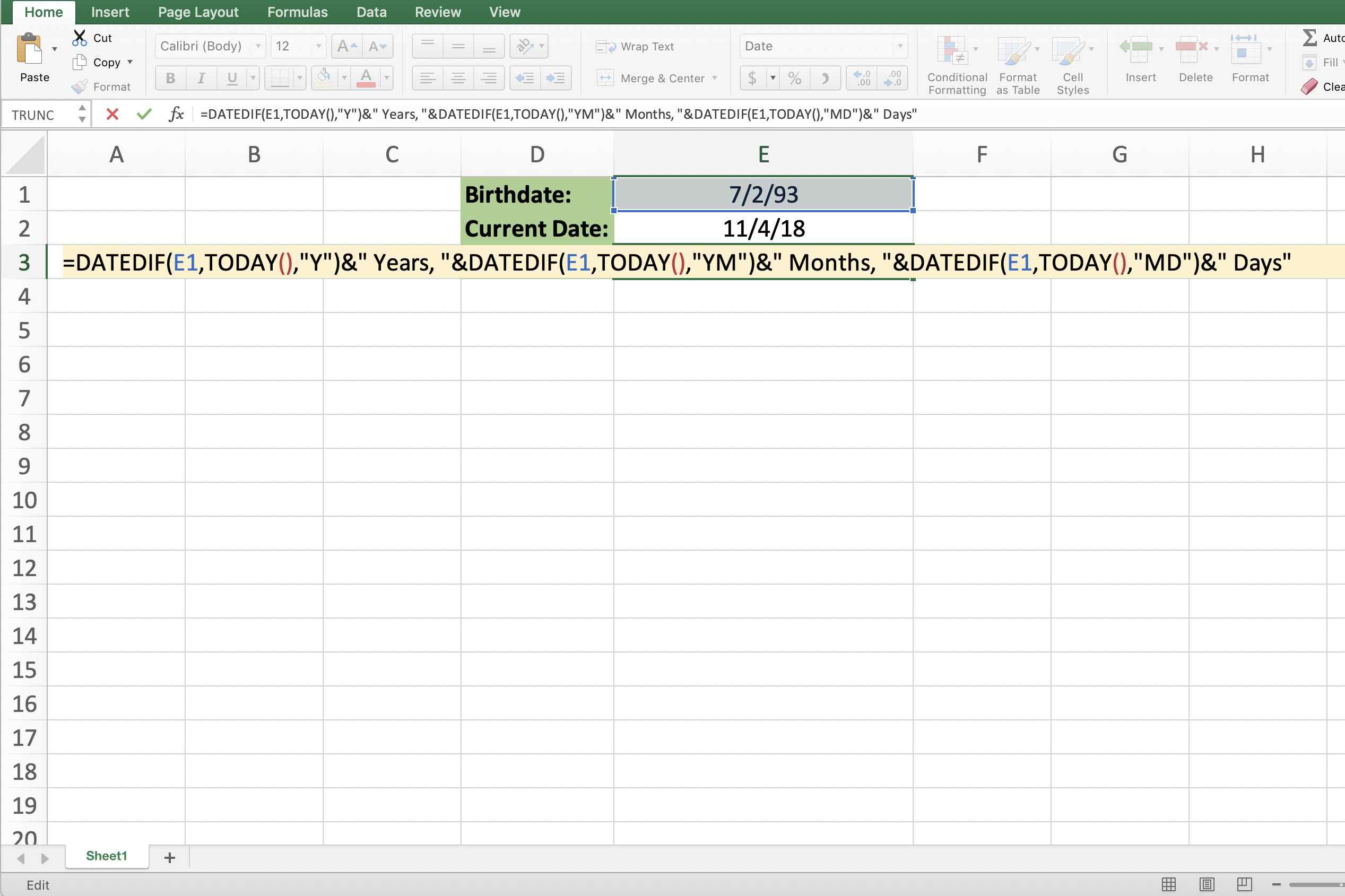 Screenshot van Excel met de hele leeftijdsformule