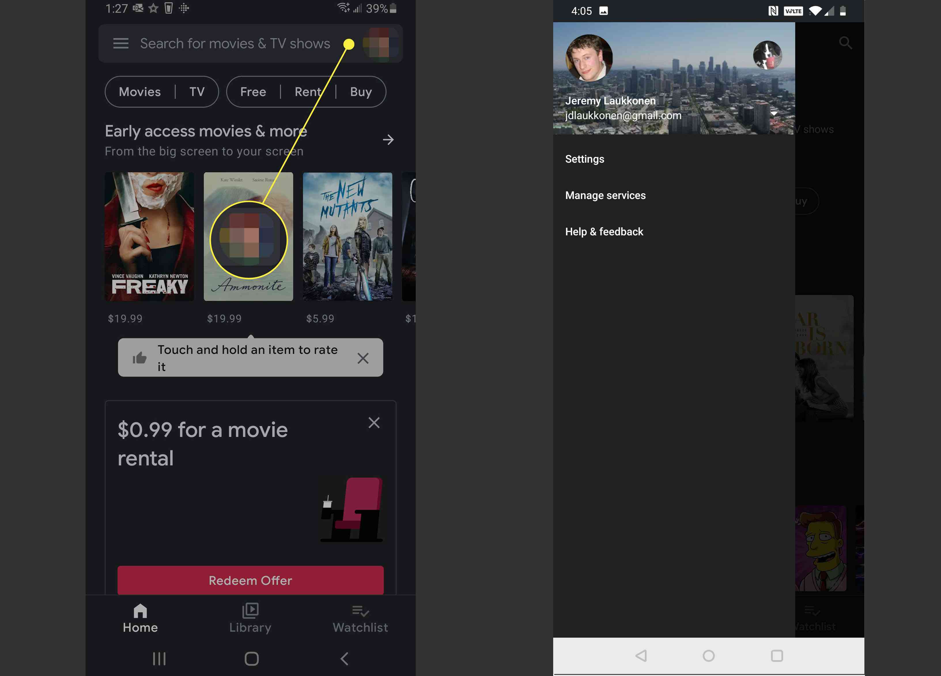 Gebruikersmenu van de Google Play Movies-app.