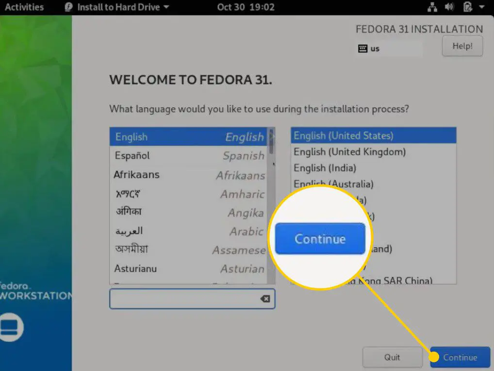 Doorgaan-knop op taalselectiescherm voor Fedora