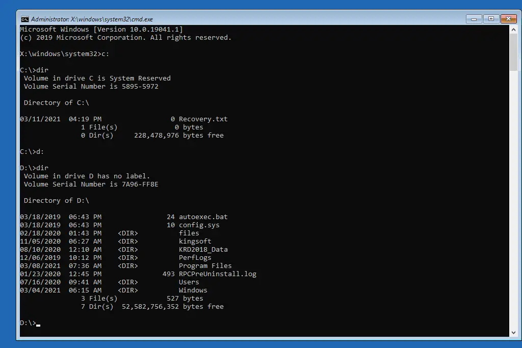 dir commando resulteert in Command Prompt