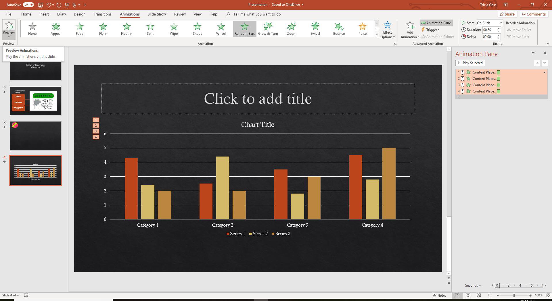 Een schermafbeelding van de functie Preview-animaties in PowerPoint.