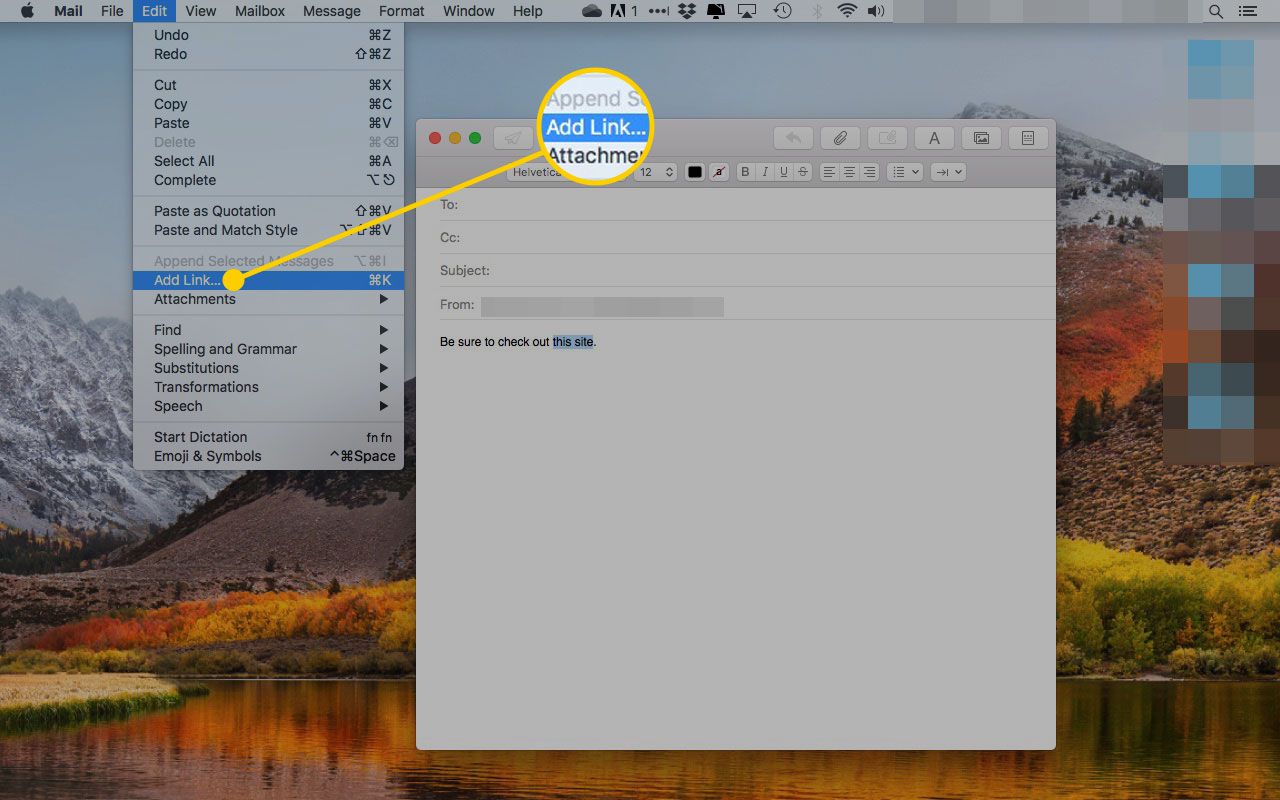 De optie Koppeling toevoegen onder het menu Bewerken in macOS Mail