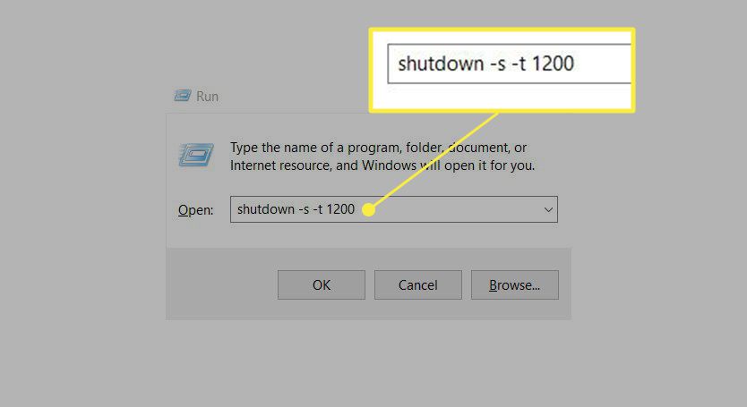 Het dialoogvenster Uitvoeren met de opdracht shutdown gedurende 20 minuten.