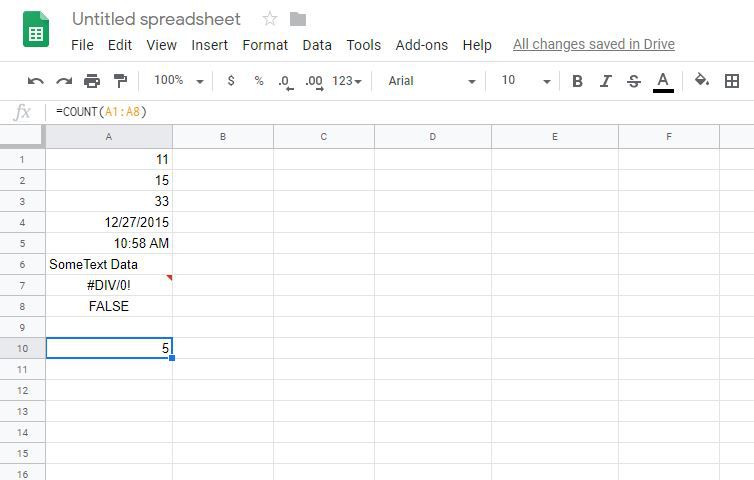 Screenshot van resultaten van de COUNT-functie in Google Spreadsheets