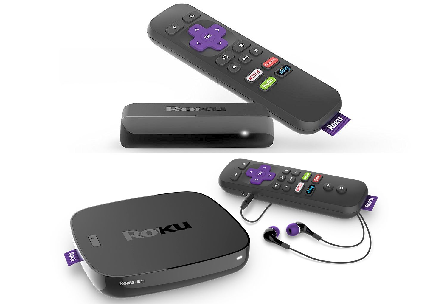 Roku Express (boven) - Roku Ultra (onder) Media Streamers (niet op schaal)