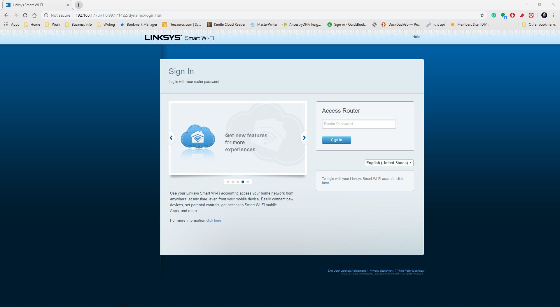 Een Linksys-aanmeldingswebpagina voor router.