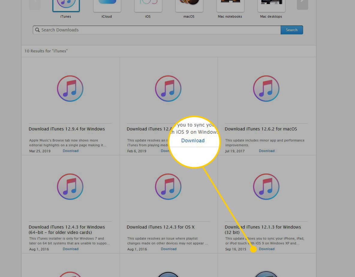 iTunes-pagina's met de knop Downloaden gemarkeerd