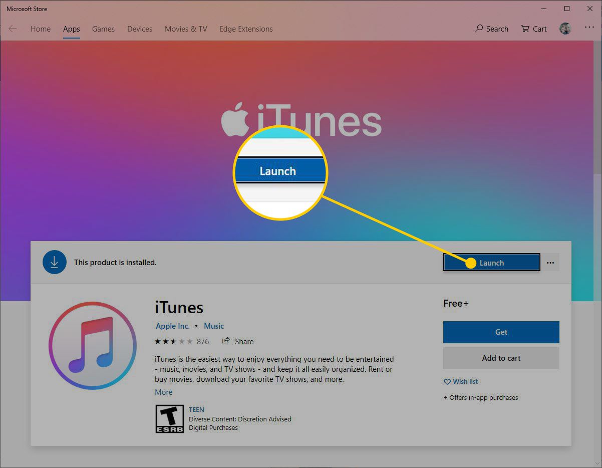 iTunes in de Microsoft Store met de startknop gemarkeerd