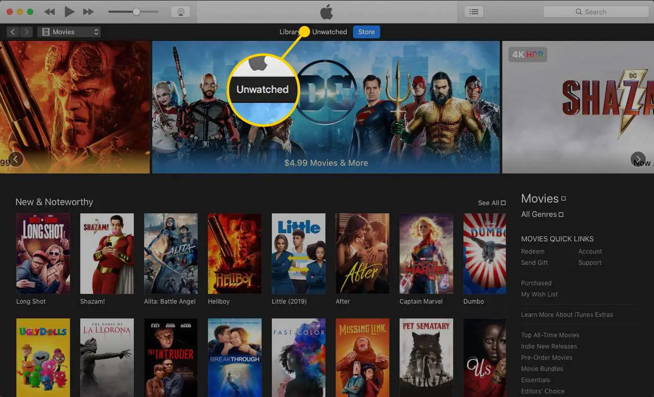 De rubriek Niet-bekeken in Films in iTunes