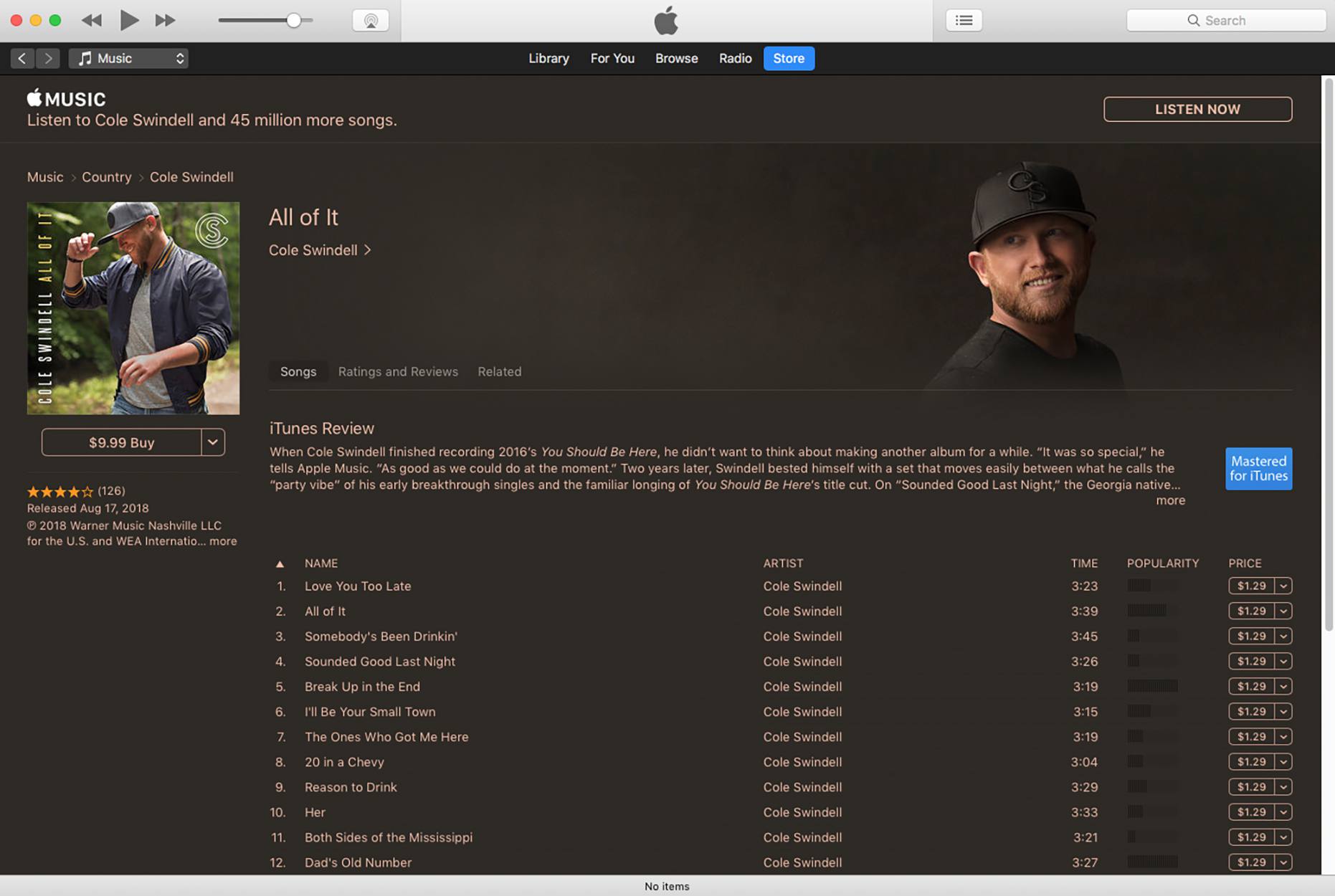 iTunes-muziekwinkelpagina voor Alles van Cole Swindell