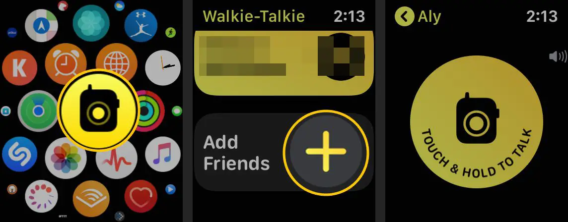 Walkie Talkie-pictogram, Vrienden toevoegen, Touch & Hold to Talk-knoppen op Apple Watch
