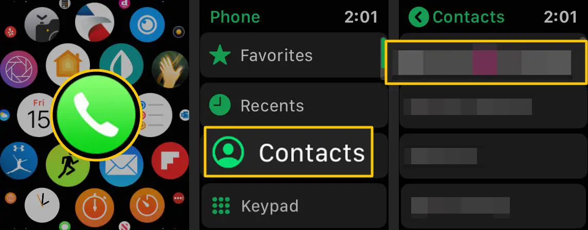 Telefoonpictogram, knop Contacten, Contact op Apple Watch