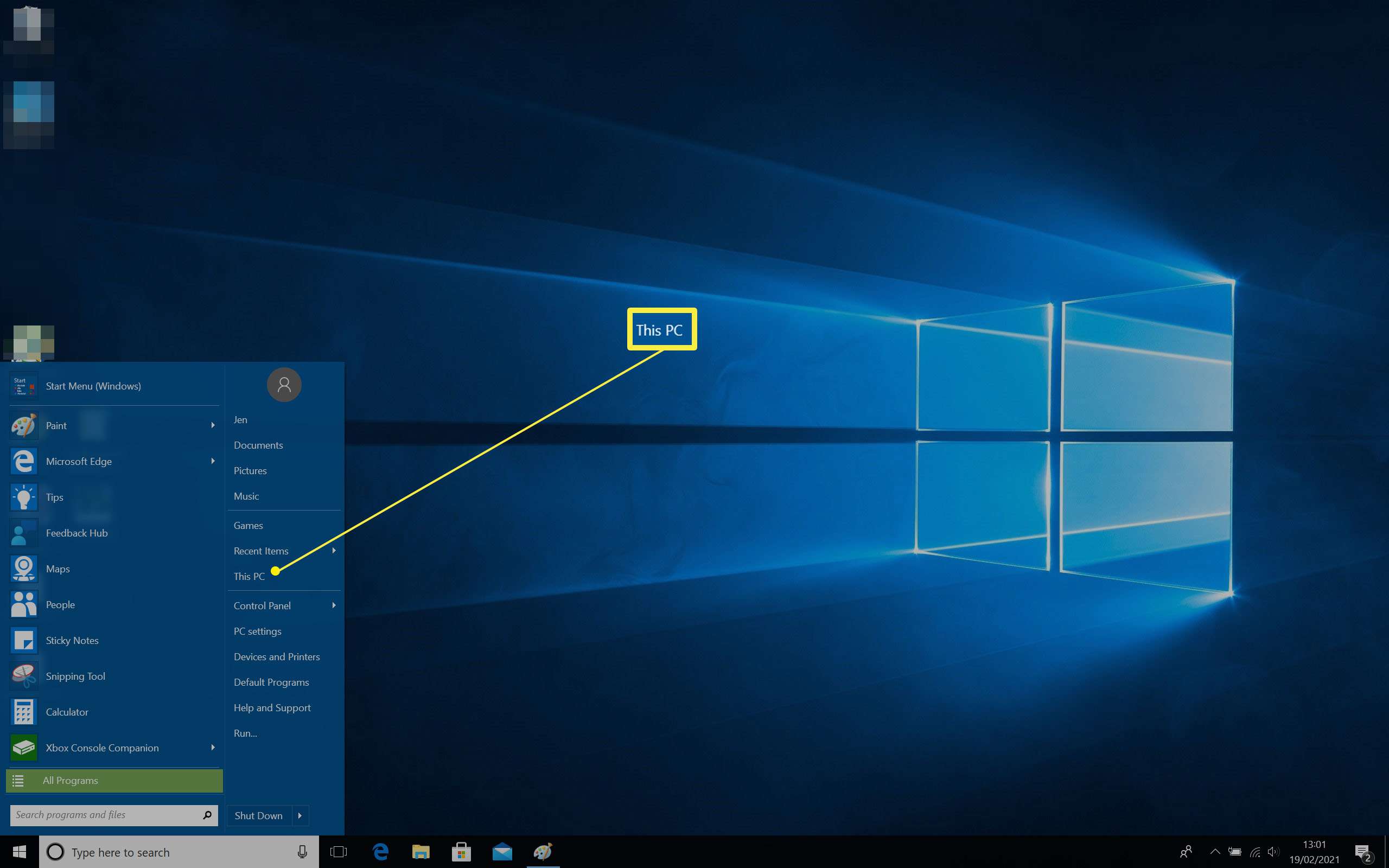 Windows 10 Startmenu met Deze pc gemarkeerd