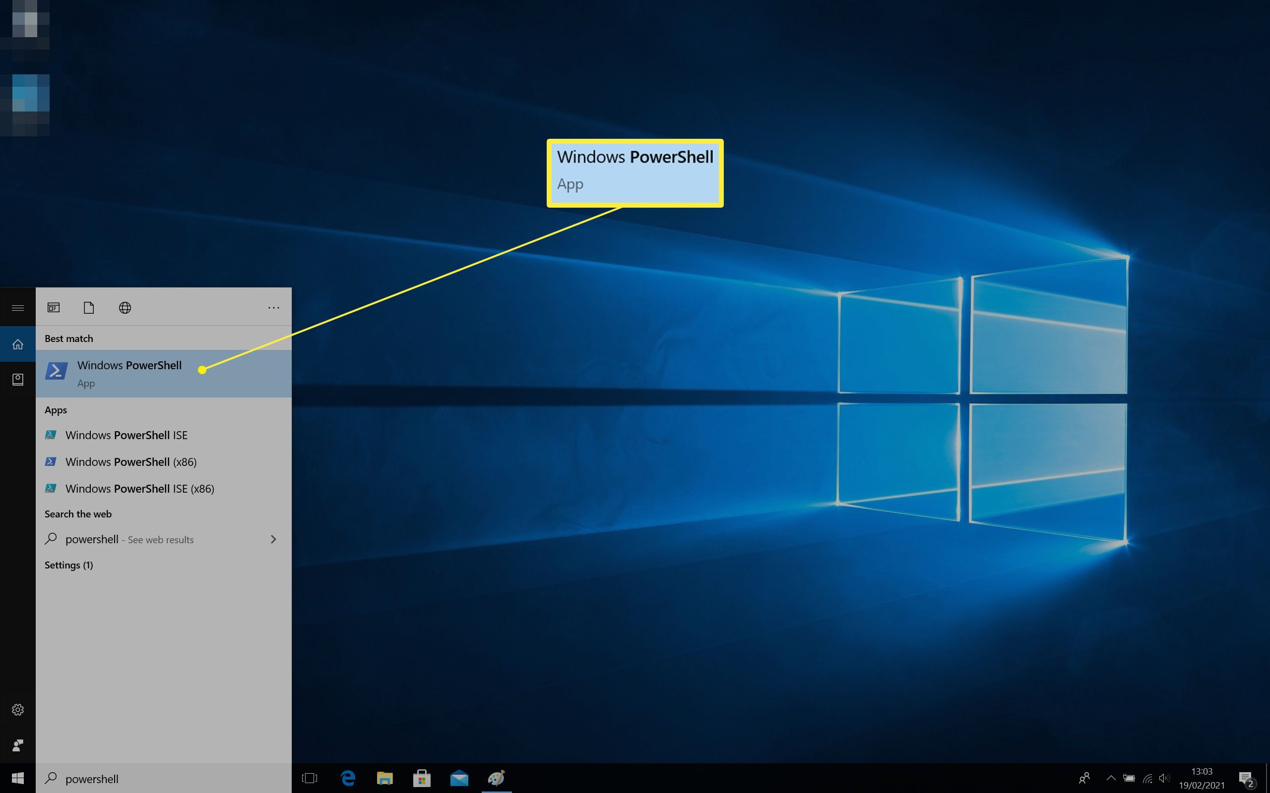 Windows 10-zoekbalkresultaten met Powershell gemarkeerd